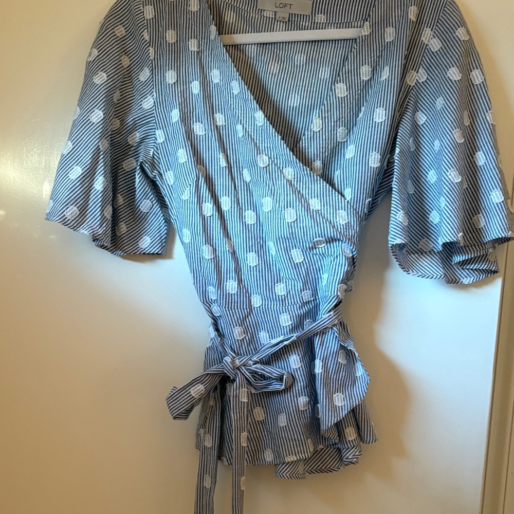 LOFT Navy and White Polka Dot Wrap Blouse